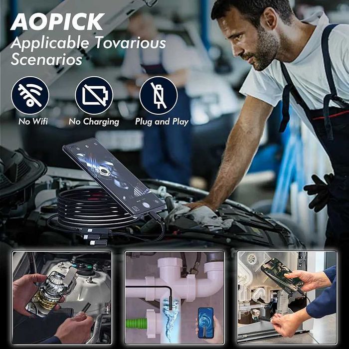 Ендоскоп технічний, 10 метрів, із підсвіткою. AOPICK 1080P HD для Android та iOS