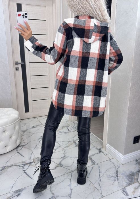 Трендовая рубашка оверсайз в клетку с капюшоном.  42-60р