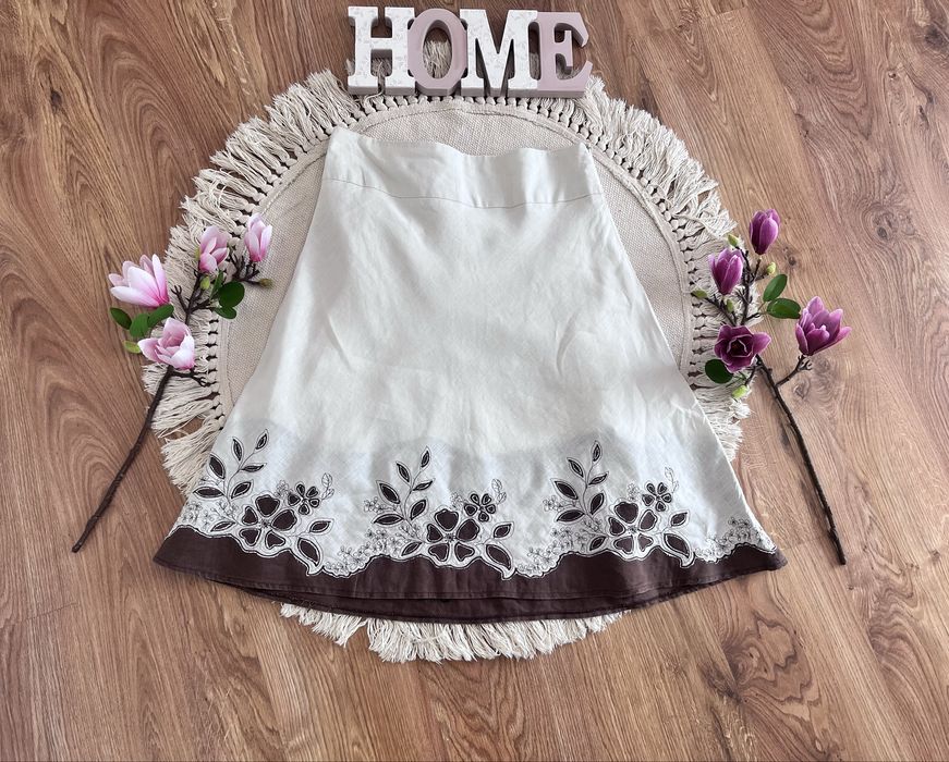 Spódnica len folk retro vintage etno kwiaty naturalny zwiewna