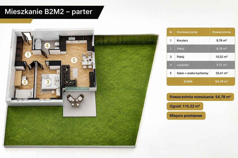 3 pok. + ogródek 115,32 m²|54,78 m² | Miejsce parkingowe |0%prowizji