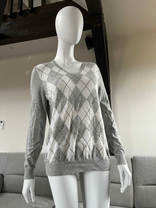 Kaszmirowy sweter romby Peter Hahn 100% kaszmir jakość M L XL szary