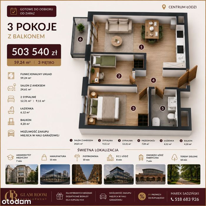 3 pokoje | Widzew | Balkon | 59,24 m² | 3 piętro | parking | rodzinne