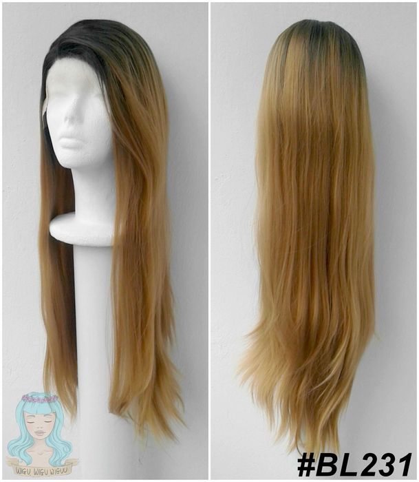 Lace Front blond złota peruka z odrostem ombre prosta długa złoty wig
