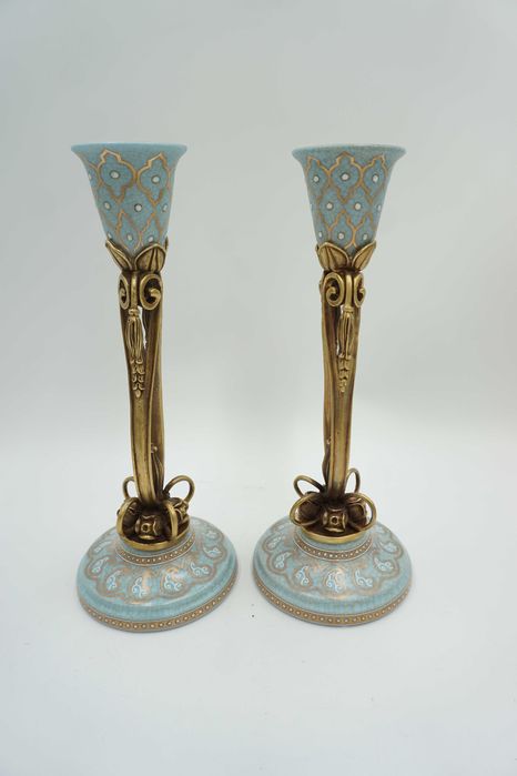 PARA świeczników bękitne porcelana z brązem