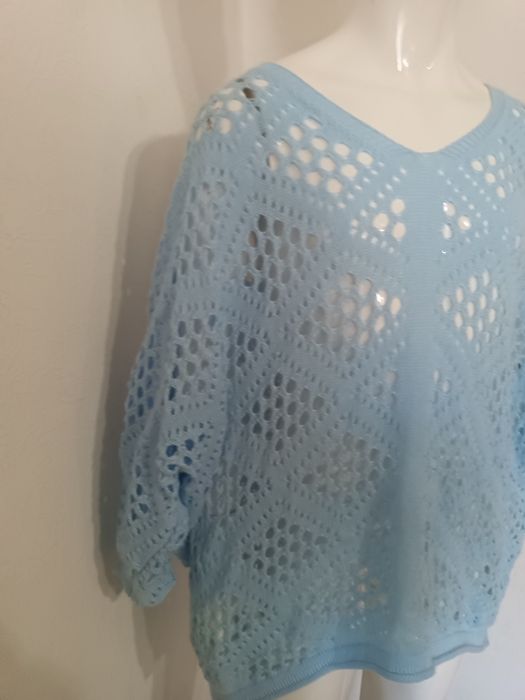 Lekki ażurowy sweter / bluzka nietoperz – błękitny – Oversize (S-XL)