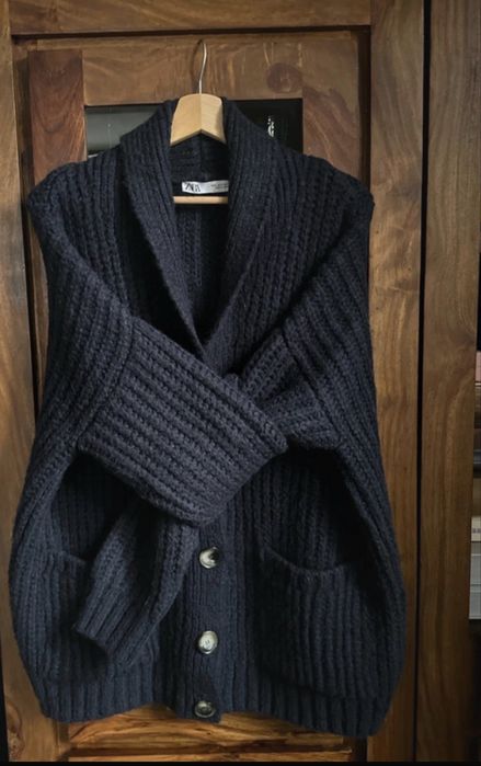 Zara granatowy rozpinany kardigan sweter wełna S M oversize