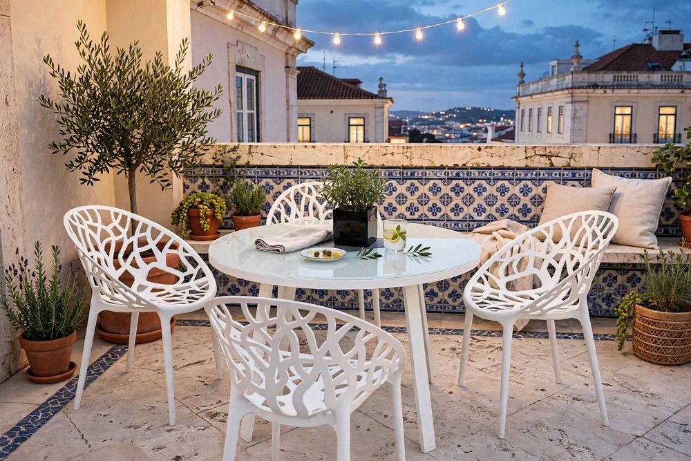 Conjunto Terraço - 4 Cadeiras Design Árvore + Mesa Redonda Branca - Impecável para exterior