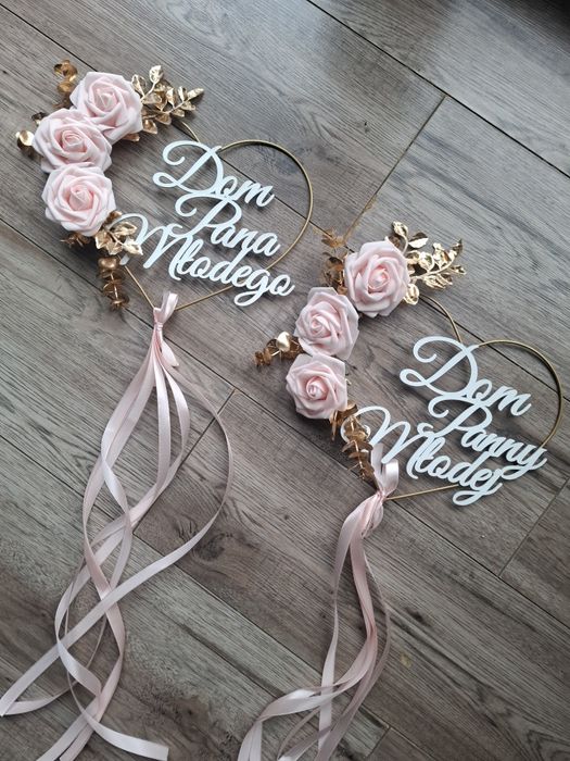 Złote serca ślubne zawieszki na drzwi