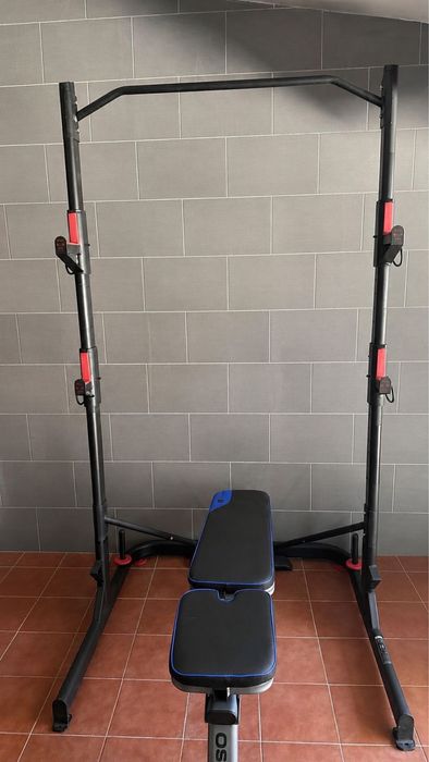 Home Gym Completo Domyos – Rack, 2 Bancos, Barras e Pesos