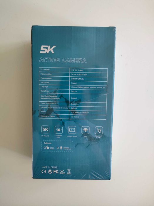 Action camera 5k ultra HD na embalagem
