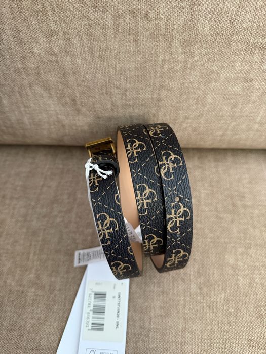 Guess oryginalny nowy pasek monogram brązowy logo złota klamra S + pudełko