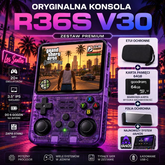 Oryginalna Konsola R36S V30 Dual Chip, Super konfiguracja z markową kartą 64 GB, najnowszy system dArkOS, folia ochronna, etui