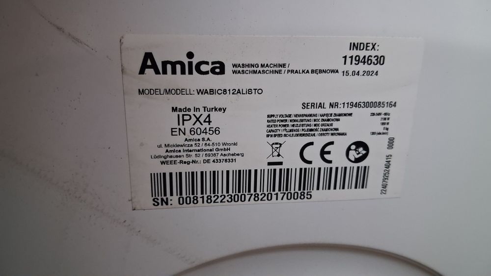 Pralka Amica do zabudowy 8kg!