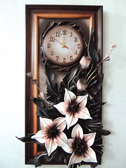 Obraz + zegar ze skóry - rękodzieło na prezent + GRAWER