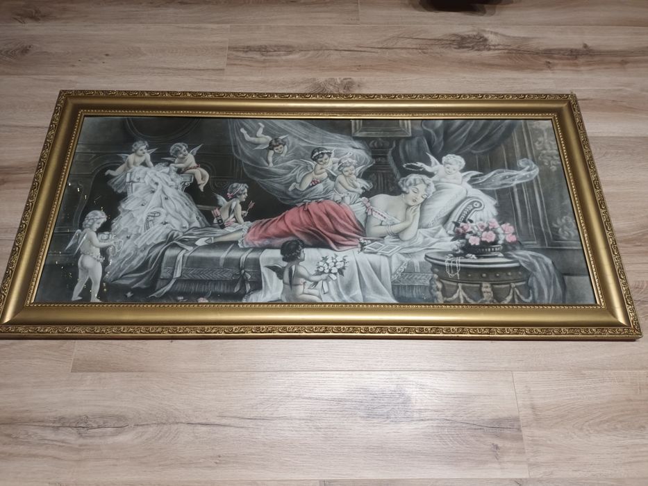 Obraz stary, PRL, drewniana rama, zabytek