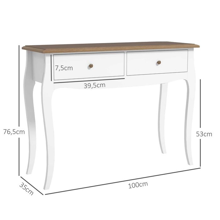 Consola de Entrada com 2 Gavetas Estilo Francês 100x35x76,5 cm Branco e Marrom Escuro