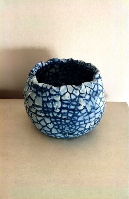 Pote com tampa vidro vintage e pote azul cerâmica pintado