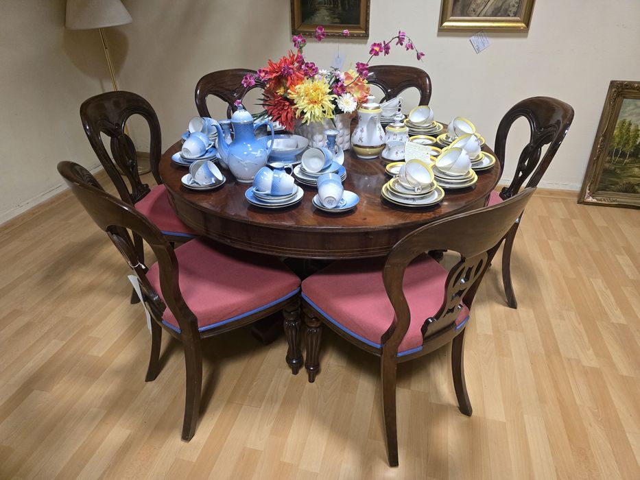 Mahoniowy komplet okrągły duży stół + 6 krzeseł