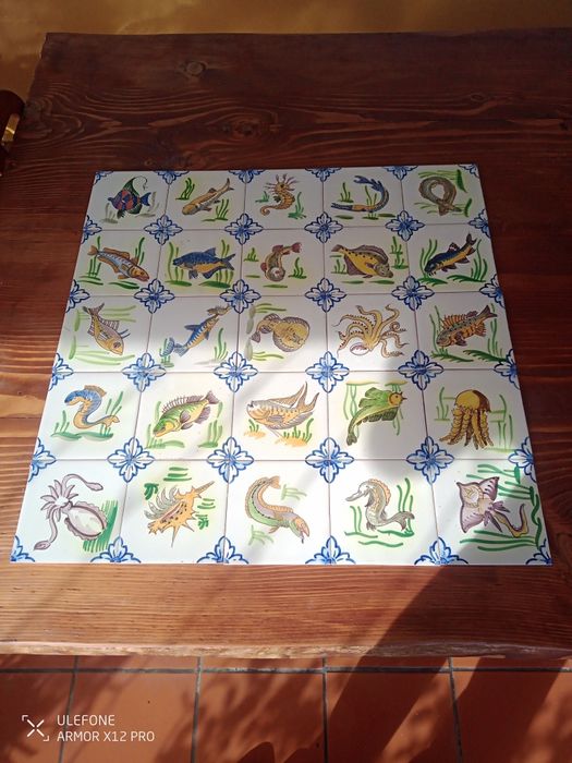 Painel azulejo antigo pintado a mão viúva de Lamego 25 peças 14X14