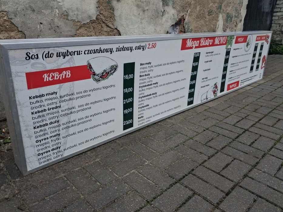 2x duża tablica reklamowa Mega Bistro – szyld Kebab Pizza Pepsi