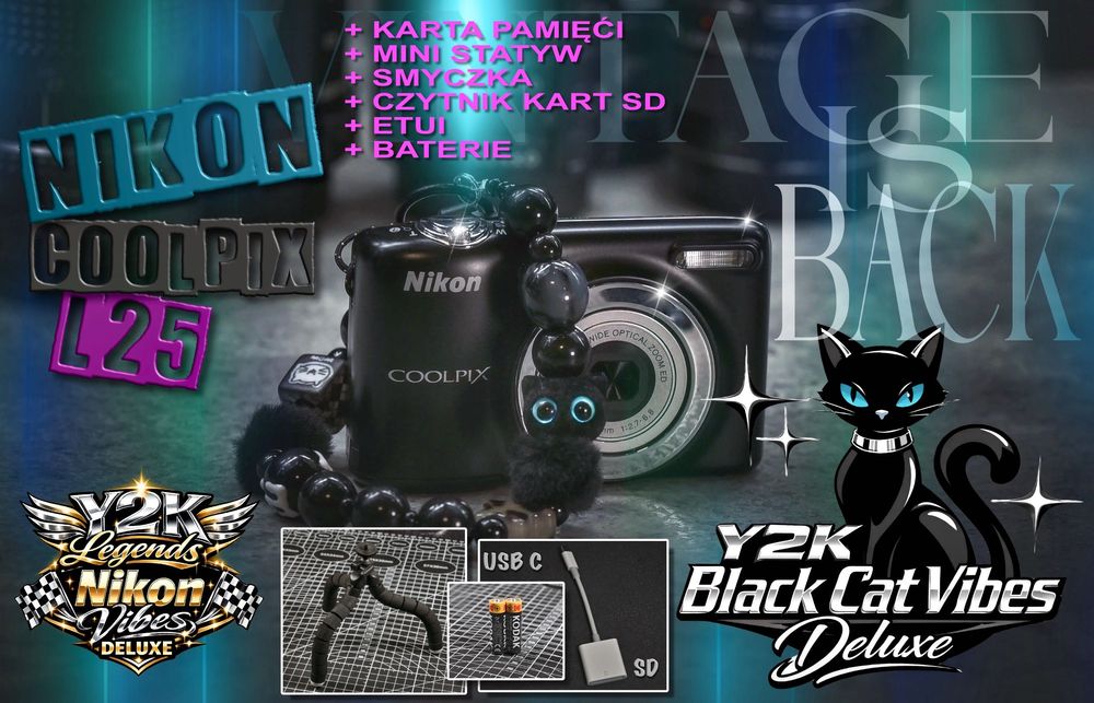 Vintage Y2K Digicam Nikon Coolpix L25 BLACK CAT + Statyw, czytnik, Nikon etui, baterie, 2GB SD