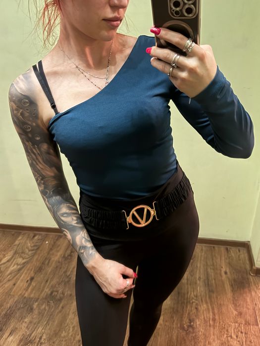 Bluzka na jedno ramię z długim rękawem, granatowa, body, S