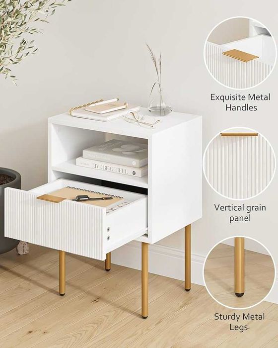 Szafka Nocna HEYZOEY | Biała, Ryflowany Front, Złote Nóżki | Loft / Boho