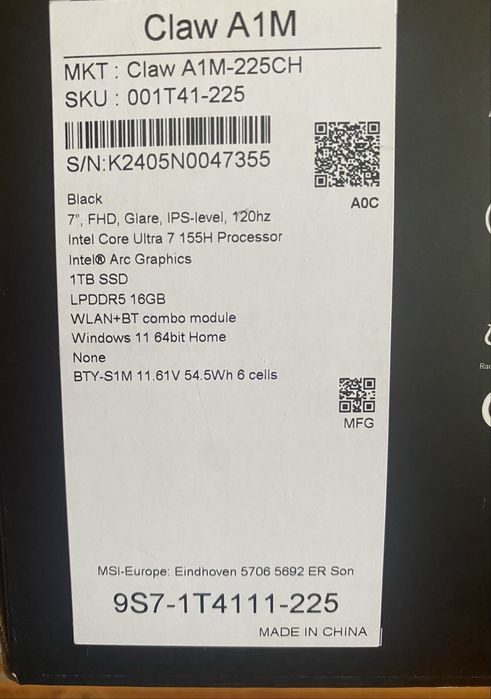 Consola Portatil MSI CLAW A1M-225CH 7” 1Tb SELADO