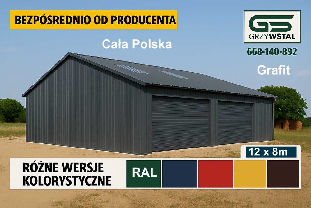 Garaż blaszany Grafit + Bramy | Duża Hala Magazyn Wiata   – GRZYWSTAL