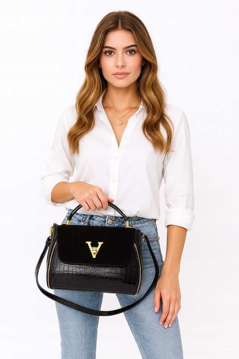 Torebka Damska Kuferek Na Ramię Do Ręki Czarna Lakierowana Skóra Eko