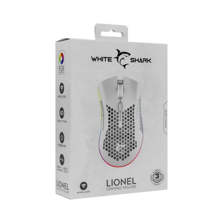 Mysz bezprzewodowa LIONEL White Shark 10 000 DPI RGB 6D Gaming
