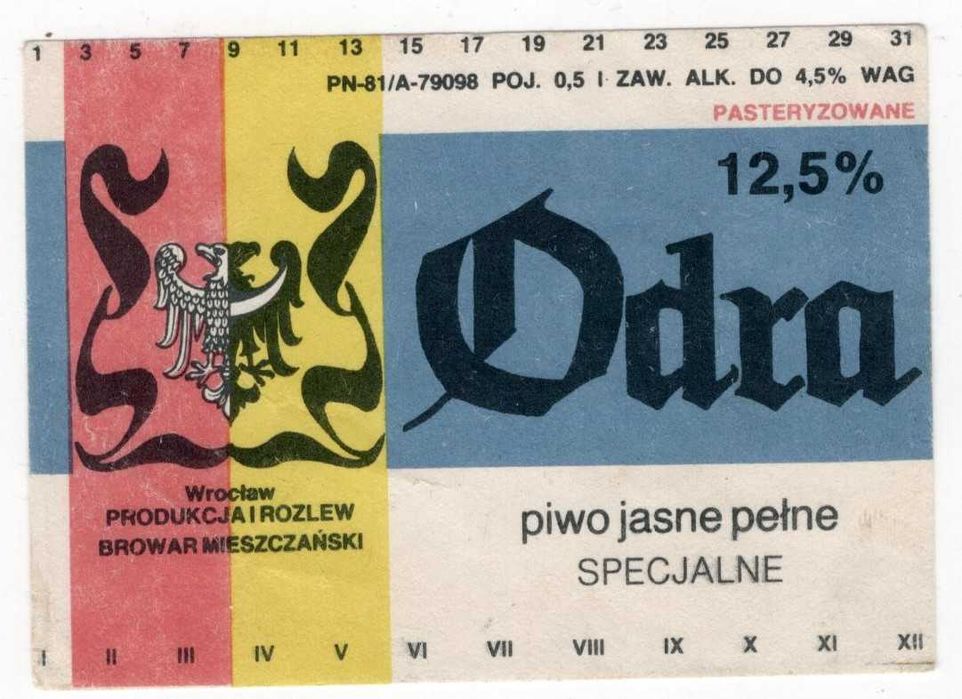Etykieta PRL Browar Mieszczański Wrocław Piwo jasne pełne specjalne Odra 12,5 Pasteryzowane