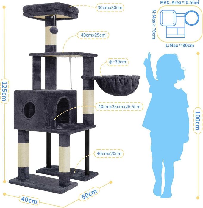Drapak dla kota wysoki 125cm Nowy Domek Hamak Legowisko Szary