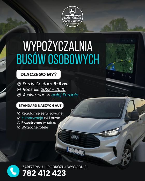 Wynajem busa osobowego-wypożyczalnia busów Fordy Custom 8-9 os.