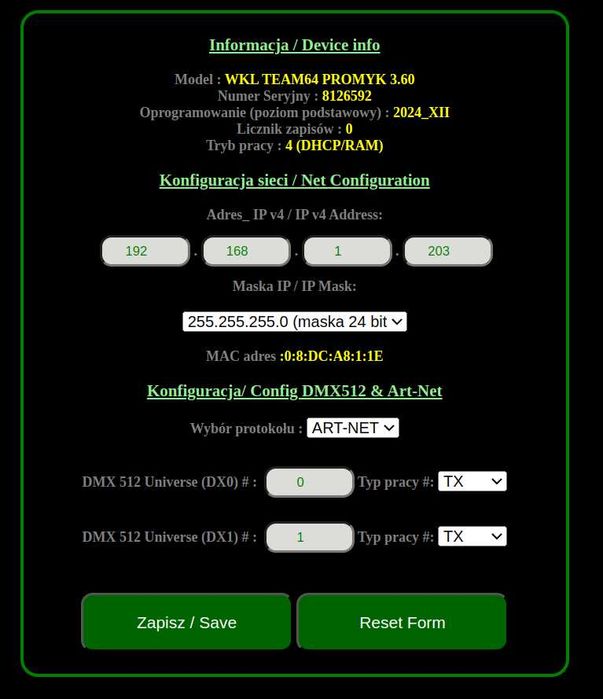 Sterowanie oświetleniem dmx512 bramka artnet PROMYK 3.60 1024 kanałów