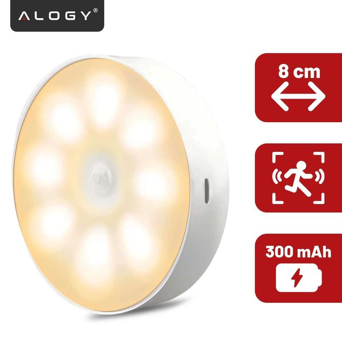 Lampka LED z Czujnikiem Ruchu Nocna Bezprzewodowa Ciepła 3000K USB 8cm