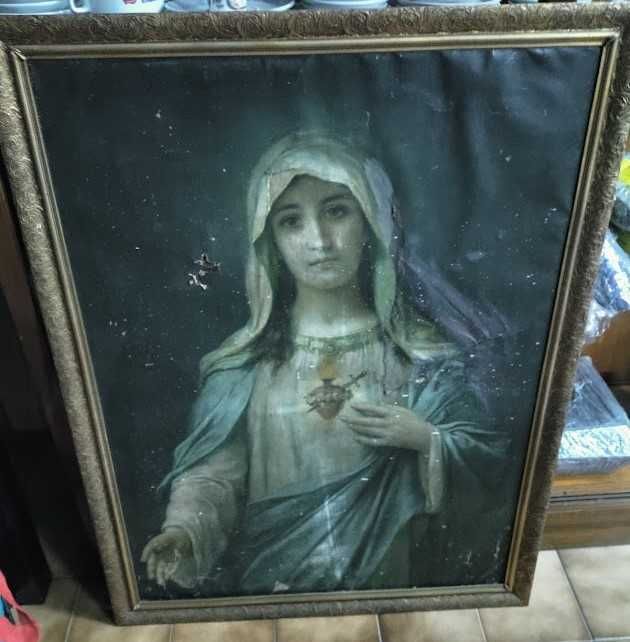 Gravura religiosa antiga emoldurada do Imaculado Coração de Maria