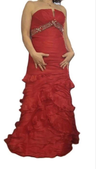 Vestido cerimónia Rosa Clará vermelho comprido com folhos, S