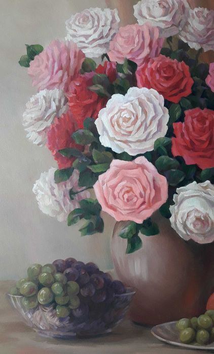 Картина маслом "Розы и фрукты"