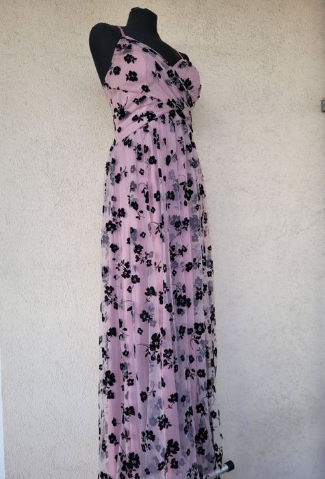 Sukienka długa elegancka tiulowa w kwiaty różowa na wesele dla druhny