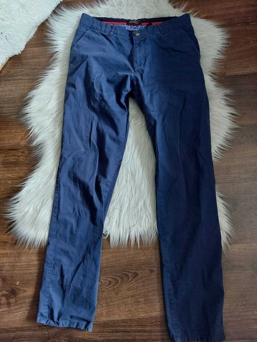 spodnie garnitur eleganckie m l niebieskie granatowe materiałowe