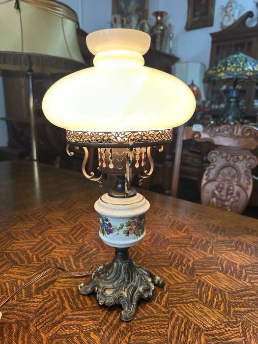 Антикварна натільна лампа бронза порцеляна скло фарфор 7558