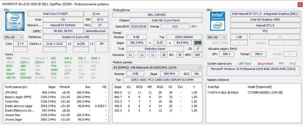Procesor Intel Core i3-4160T 4th 4gen 3,1 GHz sprawny CPU 1150 TDP 35W