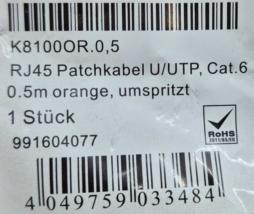 Cabo Ethernet cat.6 0,5 metros EFB-Elektronik laranja NOVO