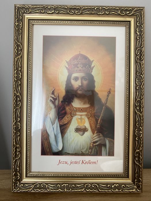 Obrazek Jezusa Króla w złotej ramie Wymiary 22x32