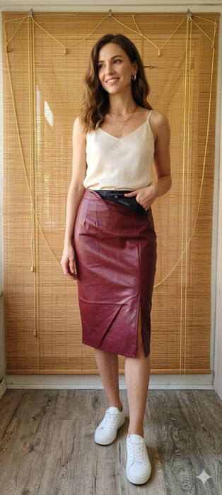 Стильні спідниці середньої довжини з еко шкіри