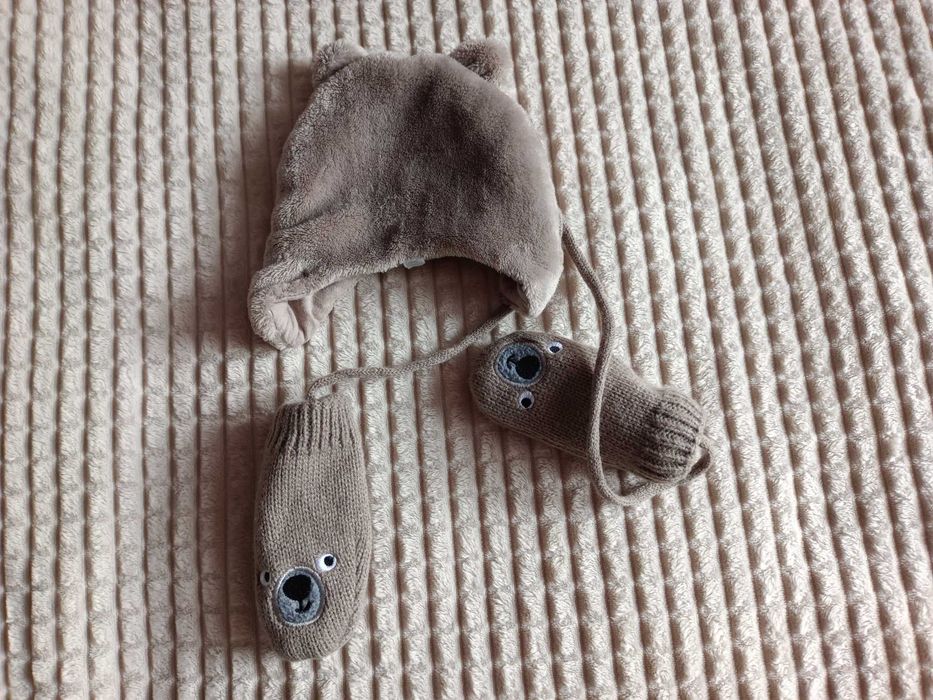 Zestaw czapeczka i nowe  rękawiczki misiu zimowe,ocieplane 0-3 m-ce