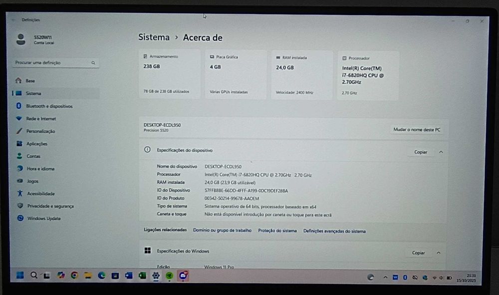 Dell Precision 5520 - Ecrã 15.6FHD/Gráf.4GB/Core i7/SSD NVME/24GB RAM