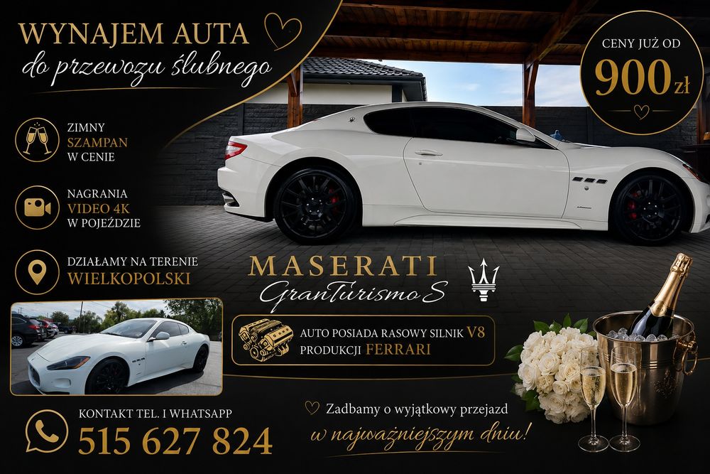 Maserati granturismo auto do ślubu v8 biale nowość  2026 27