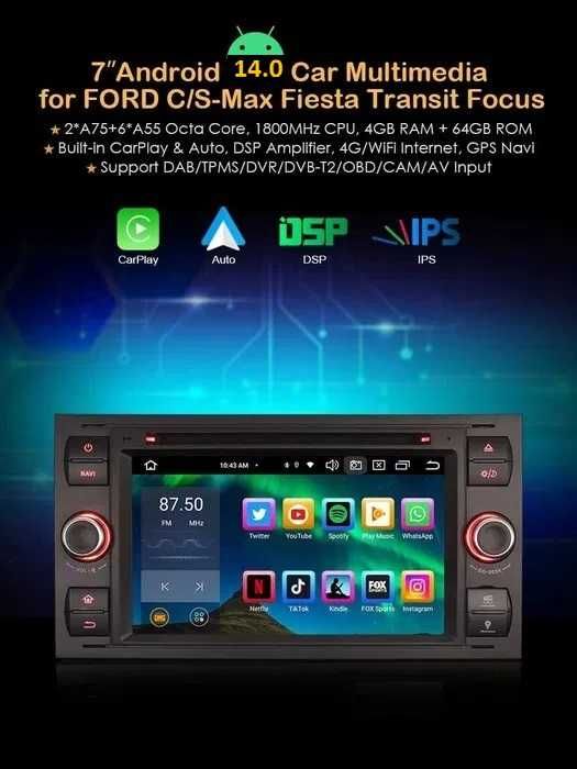 Auto-rádio 2 din android 14 Ford Galaxy Kuga Focus Fiesta Transit